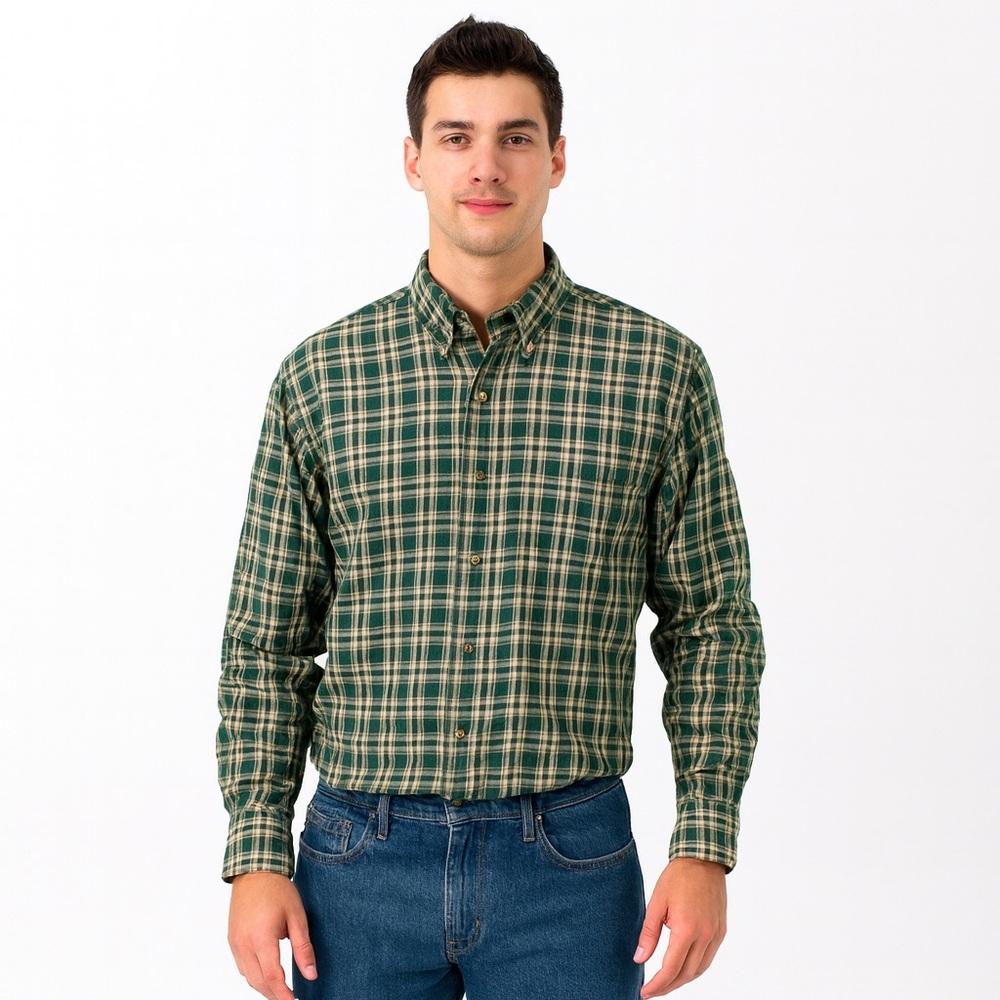 L.L. Bean Plaid Traditional Fit Dress Shirt Mens Green Wrinkle Free 100% Cotton